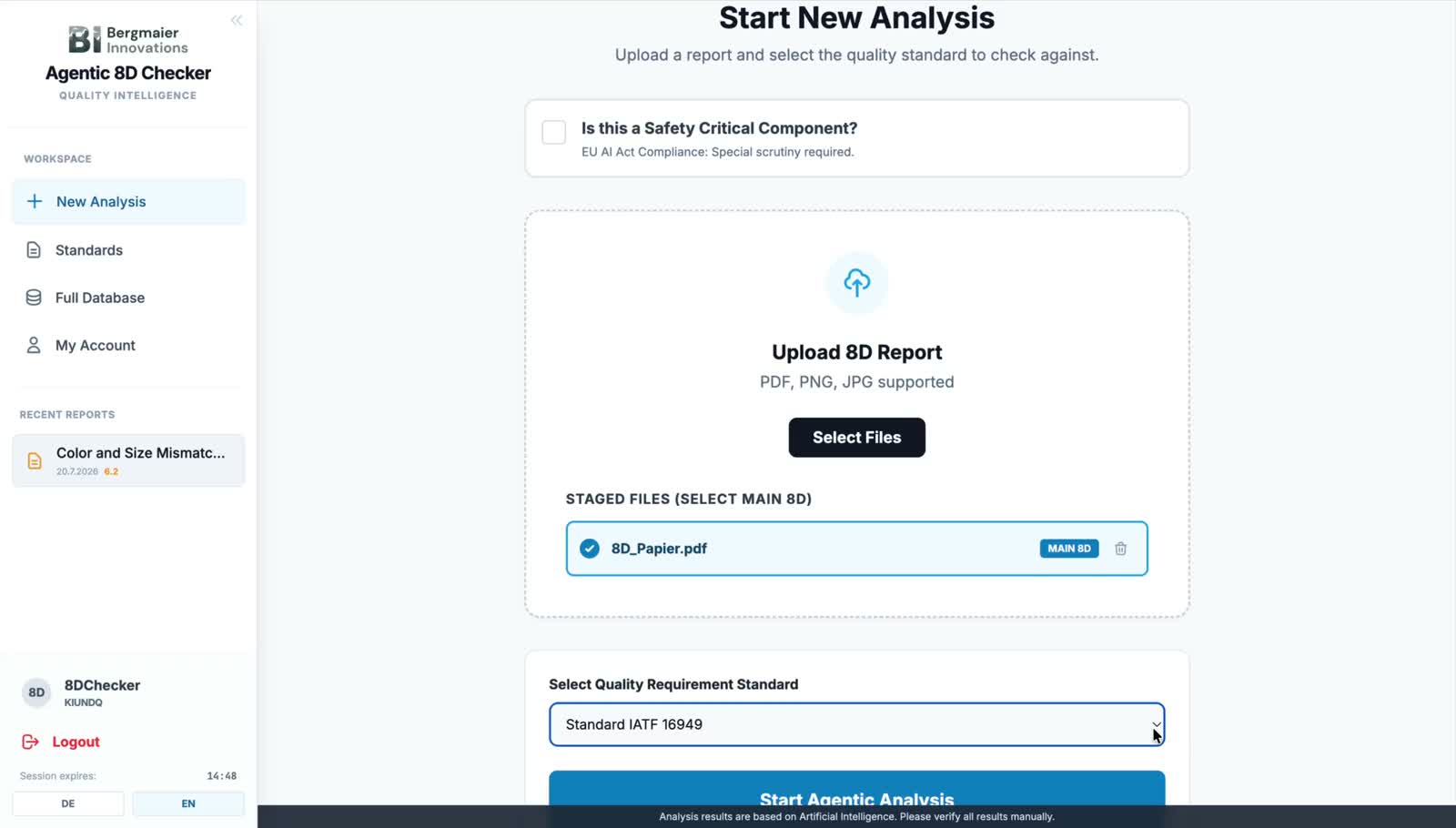 8D Checker Benutzeroberfläche: Live-Bewertung eines 8D-Reports mit Confidence-Level je Disziplin