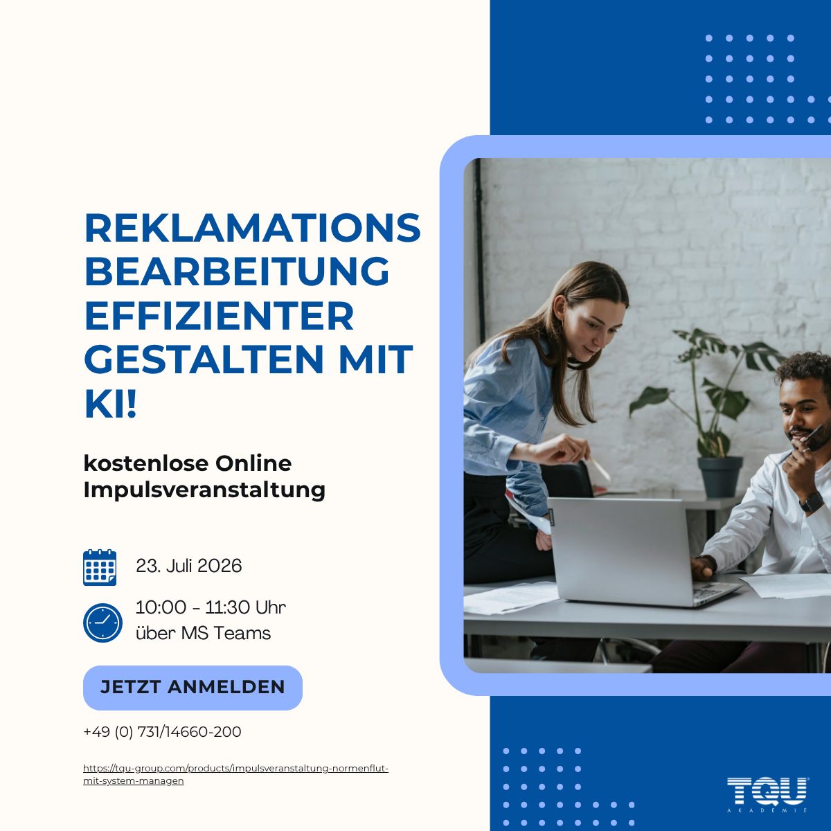 Ankündigungsgrafik der TQU GROUP zur Impulsveranstaltung 'Reklamationsbearbeitung effizienter gestalten mit KI'